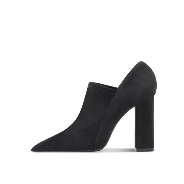 绒面 百搭时装通勤尖头深口粗跟弹力 短靴 女款 经典黑色