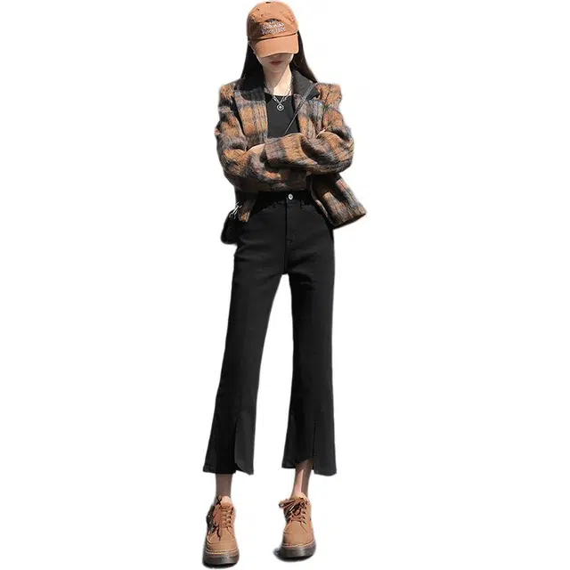 思蓓儿 复古时髦铆钉女脚口开叉微喇裤子辣妹长腿弹力裤牛仔裤 女款