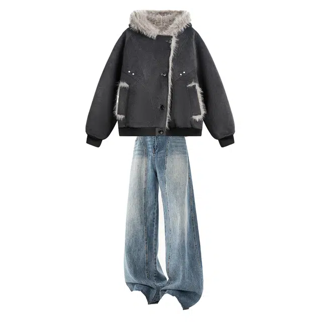 梓润格 美式高街通勤外套百搭宽松阔腿牛仔裤休闲运动套装 男女同款