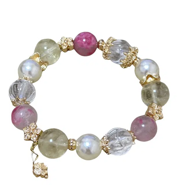 千叶珠宝 「璎珞叠翠·金缀梦」 优雅可爱灵动招桃花浪漫樱花轻奢高级感小众设计款#好运天然 粉水晶 手串 男女同款情侣款