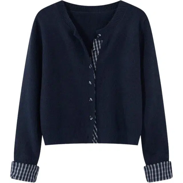 黛尔佳人 假两件毛织开衫衣女春夏季款韩系慵懒风松弛感短款上衣针织衫 女款