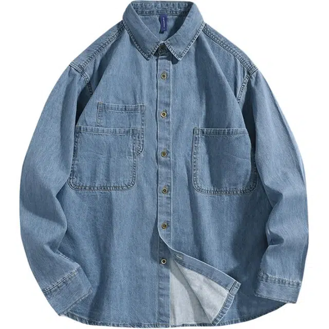 前进牛 秋季美式休闲经典复古潮牌高街痞帅不规则口袋叠层长袖衬衣男潮流百搭纯棉宽松牛仔外套衬衫 男款