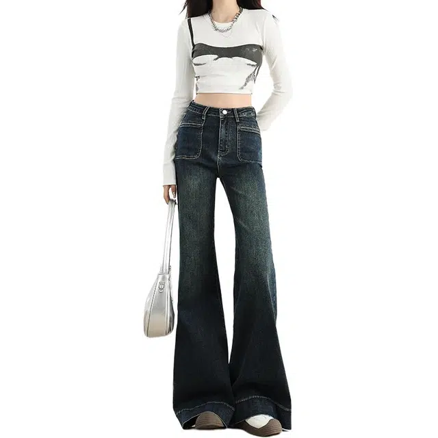 如续 美式复古微喇叭女秋季高腰显瘦百搭弹力长裤牛仔裤 女款