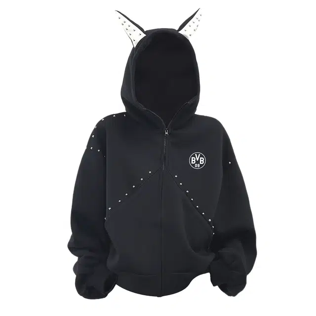 普鲁士多特蒙德 铆钉装饰杜宾犬耳朵设计重磅针织长袖外套美式高街风拼接解构双开门拉链小众队徽印花休闲百搭连帽开衫卫衣 男女同款