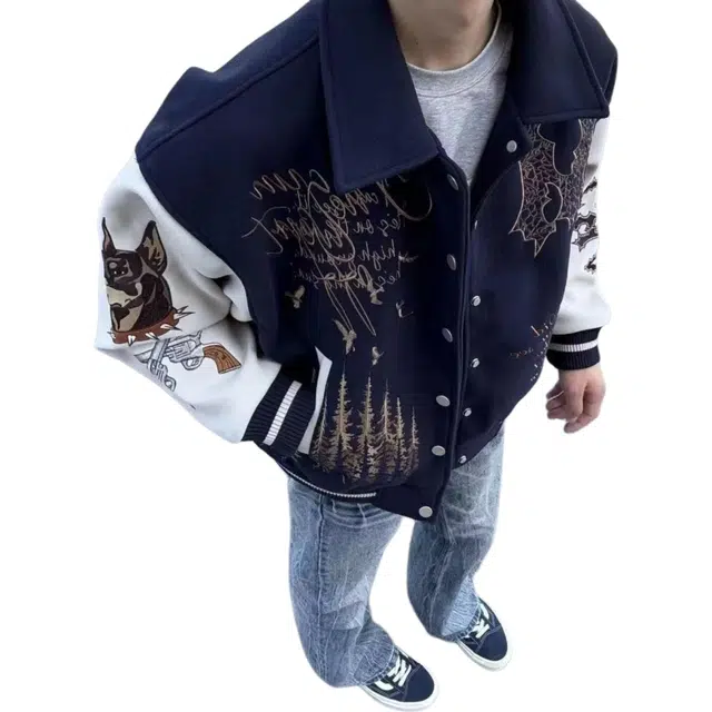 轻迎 美式复古高街痞帅风多元素拼接棒球服外套夹克 男女同款