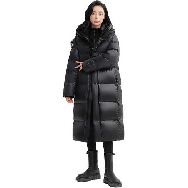 鸭鸭 情侣长款日常休闲简约保暖防风连帽外套潮羽绒服 男女同款