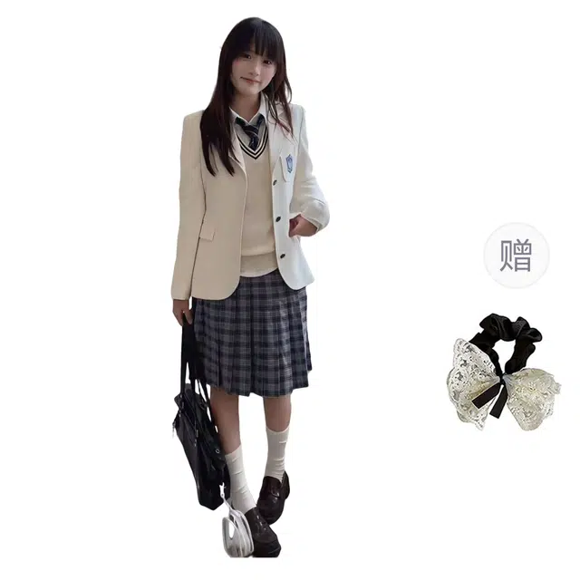 涂诗菲 日系清纯甜美可爱学院风高级感气质小众收腰西装百搭休闲纯色修身遮肉裙装套装 女款