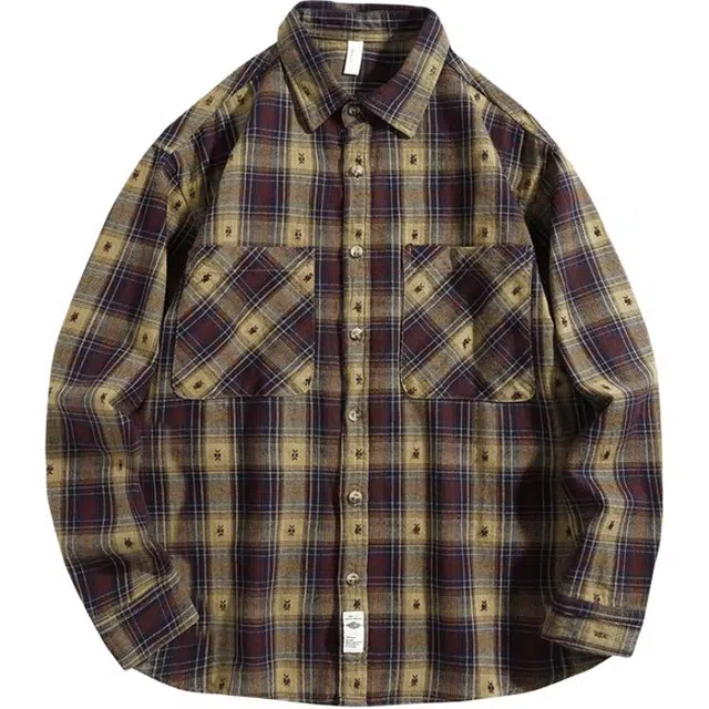 前进牛 秋季日系经典复古格纹潮牌轻奢纯棉慵懒风长袖衬衣男潮流美式休闲文艺风百搭户外叠穿外套衬衫 男款