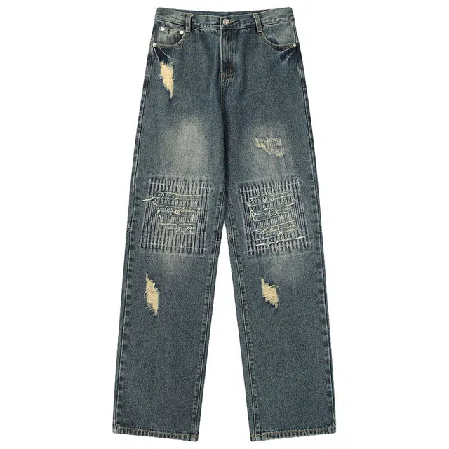 拾个壹先生 美式复古高街小众破洞宽松休闲百搭设计感长裤牛仔裤 男女同款