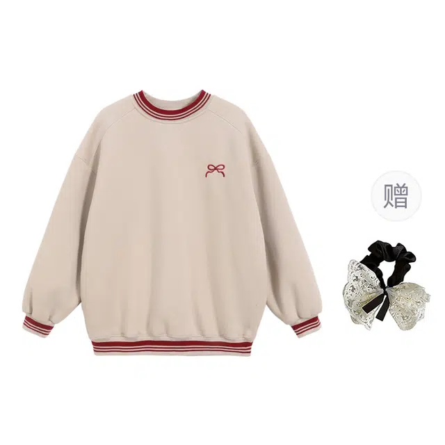 涂诗菲 韩版休闲时尚设计感复古简约蝴蝶结刺绣百搭潮流高街长袖上衣卫衣 女款