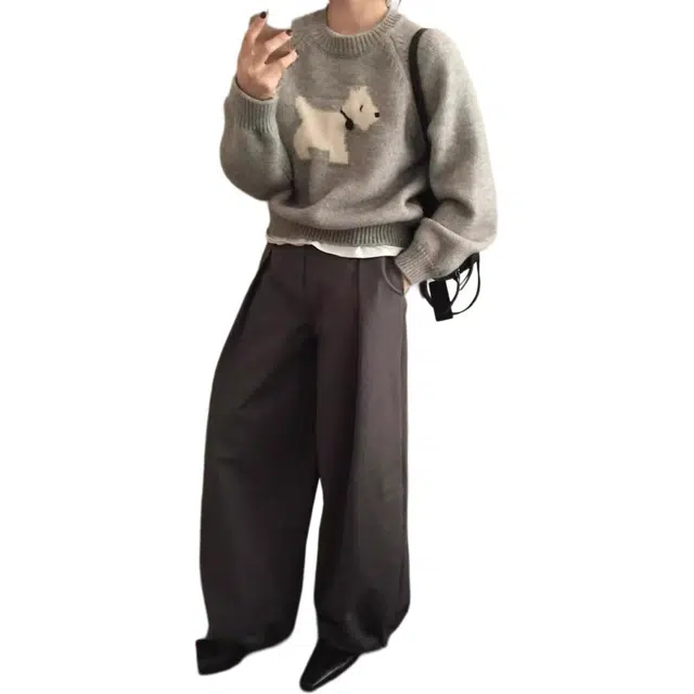 黛尔佳人 卡通小狗提花插肩长袖毛织女秋季圆领套头上衣宽松慵懒风针织衫 女款