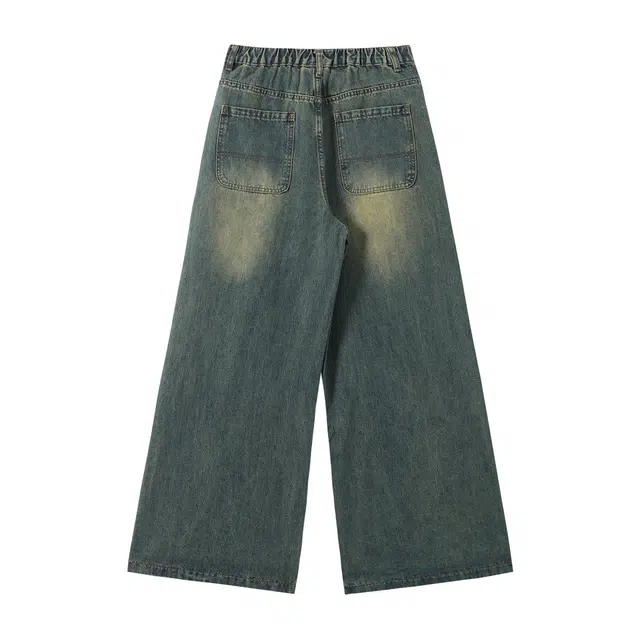 江南先生 美式复古风线条拼接百搭休闲分割水洗做旧宽松长裤秋牛仔裤 男女同款