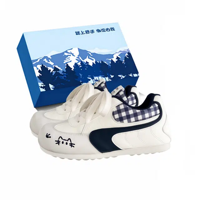 小鹿米利 百搭小众休闲轻便德训格子泡芙小白鞋 低帮 板鞋 女