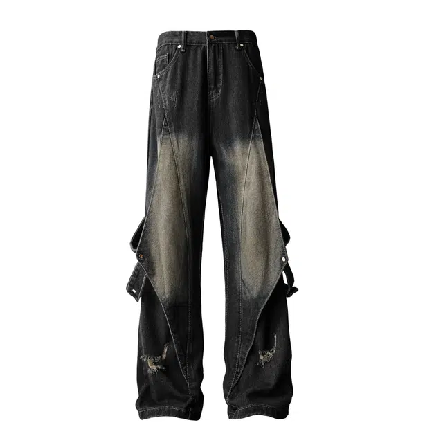 陆与山屿 春秋款美式复古设计款小众水洗潮流百搭女士修饰腿型裤子高腰直筒宽松男款阔腿拖地裤青少年高街情侣长款学生牛仔裤 男女同款