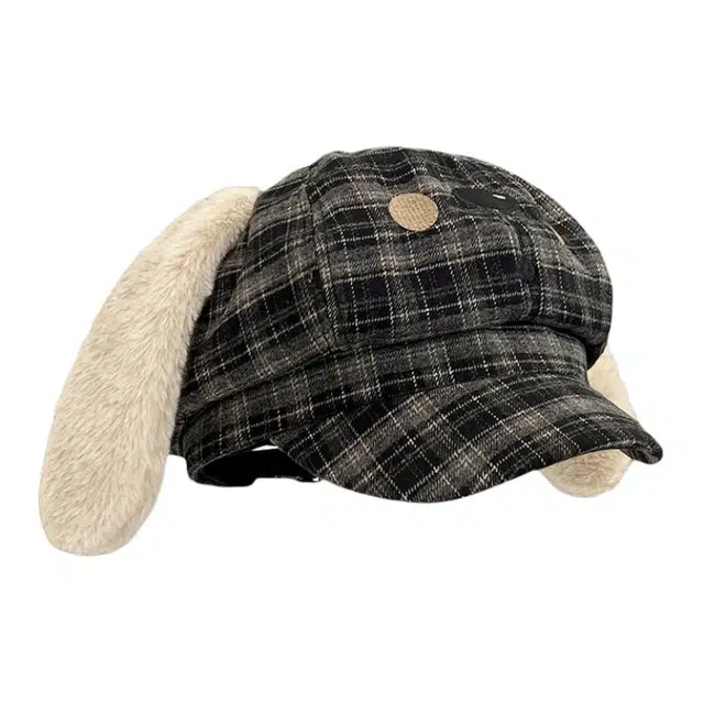 木林森 日系可爱小狗耳朵格纹休闲百搭显脸小 棉 贝雷帽 男女同款情侣款