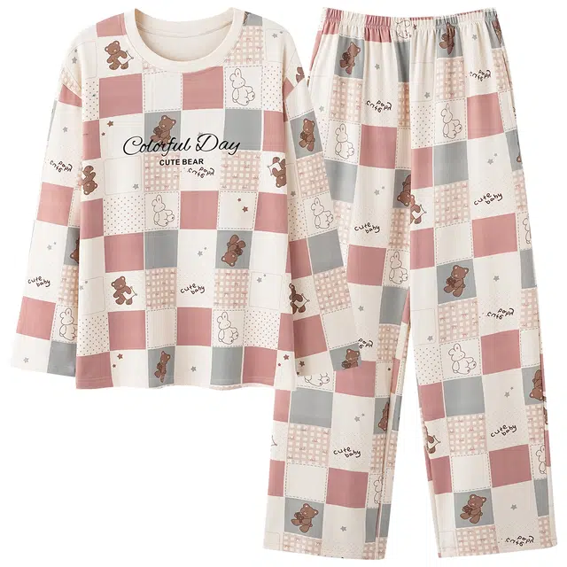 俏霓桐 可爱卡通纯棉亲肤圆领甜美格子简约休闲长袖长裤家居服可外穿睡衣套装 女款