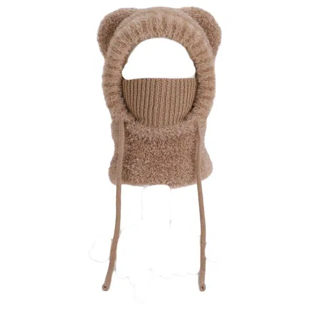 山一丸 卡通小熊面罩围脖一体户外加绒护耳保暖 聚酯纤维 绒线帽 儿童款