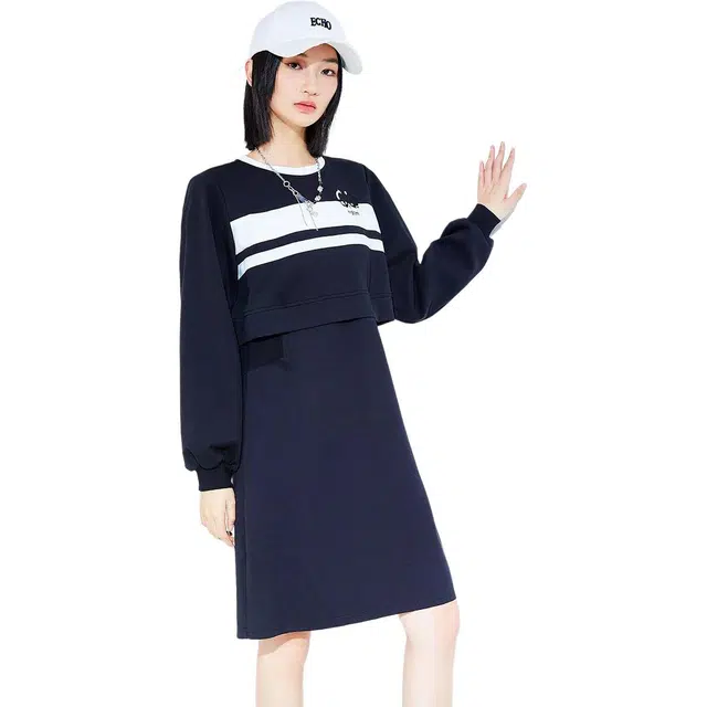 木果果木 秋冬 拼接小个子条纹印花常规袖圆领精致风裙长袖连衣裙 修身 女款