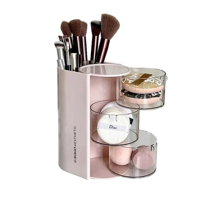 艾情草之恋 粉扑收纳盒旋转防尘桌面美妆蛋气垫架梳妆台多层口红化妆刷置物架