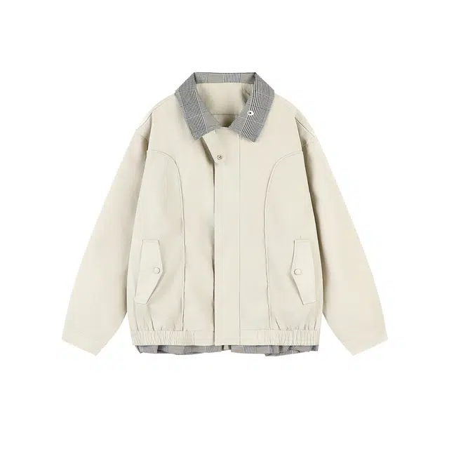 港仔文艺男 美式复古撞色拼接解构条纹翻领小立扣假两件飞行员户外运动落肩上衣休闲百搭宽松潮流哈灵顿夹克 男女同款