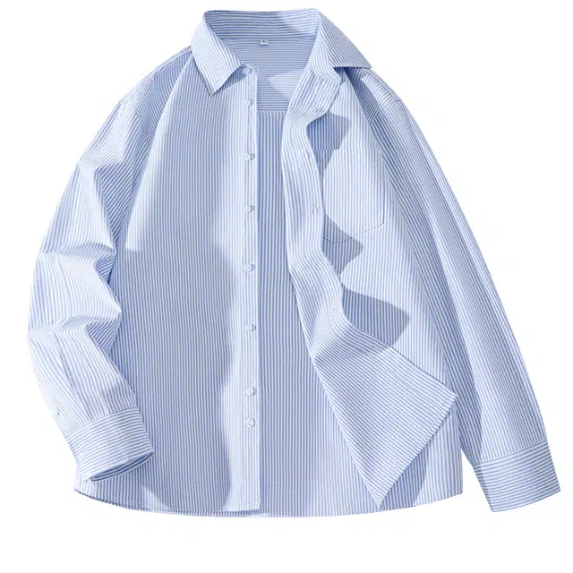 棉致 美式条纹简约通勤基础百搭外搭抗皱系扣宽松户外休闲舒适长袖衬衫 男女同款