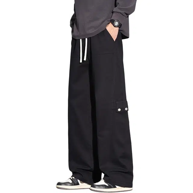 协协乐 城市机能风春秋美式复古设计感痞帅街头百搭时尚松紧腰直筒宽松显高显瘦重磅纯棉休闲阔腿长裤工装裤 男款