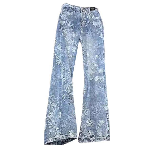 【提花万针刺绣蓝牛】布客行 显高显瘦修身美式高街水洗花卉垂感柔软舒适休闲百搭无性别主义微喇阔腿透气松紧腰直筒牛仔裤 男女同款