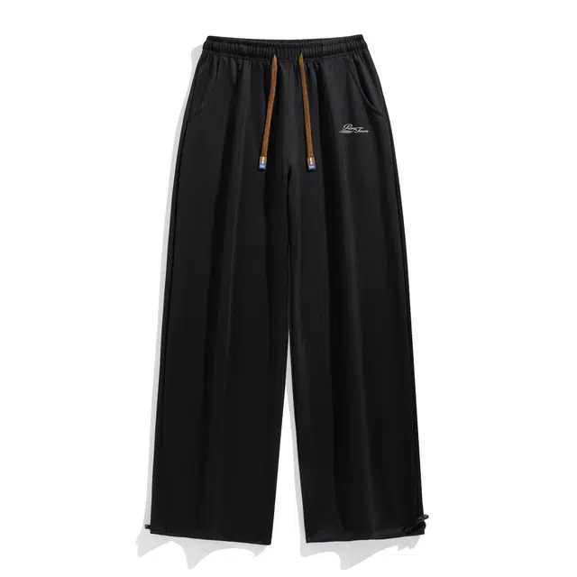 黑恐龙 美式高街潮流字母仿刺绣纯色中腰系带简约直筒垂感拖地时尚百搭舒适宽松日常通勤长裤休闲裤 男女同款