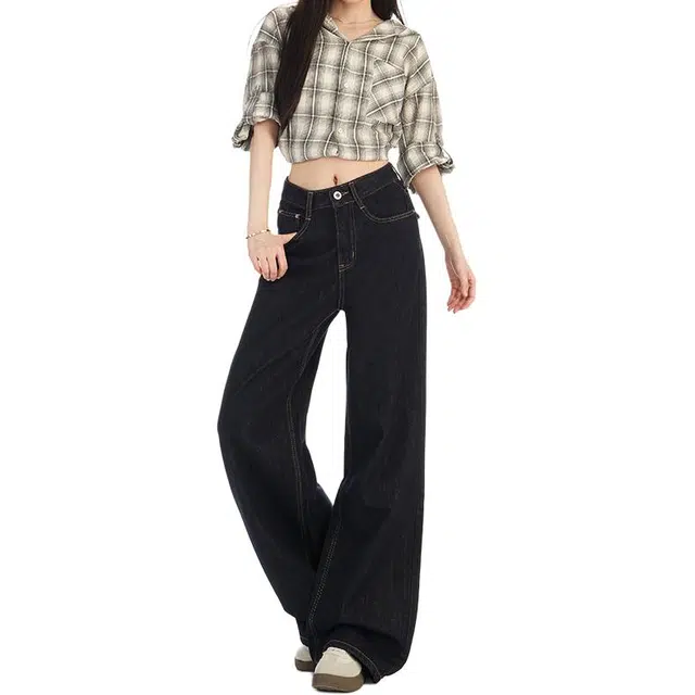 如续 窄版直筒女秋季高腰宽松显瘦阔腿拖地裤牛仔裤 女款