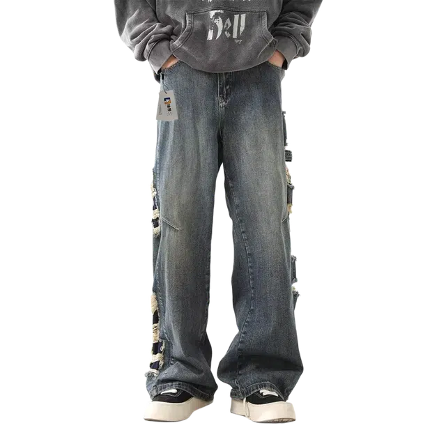 地界二 复古水洗做旧男高街潮牌设计感破洞宽松直筒阔腿长裤子牛仔裤 男款