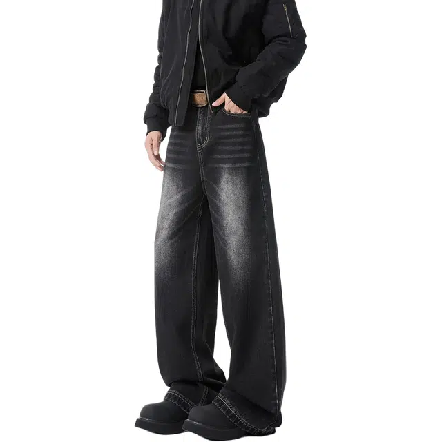 大格子与黑猫 美式水洗男春秋季高街潮牌宽松痞帅直筒阔腿长裤子牛仔裤 男女同款