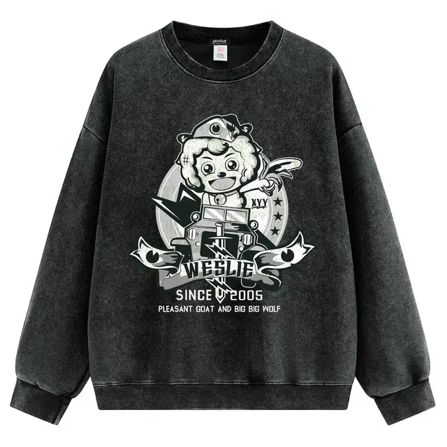 喜羊羊与灰太狼 美式高街复古喜羊羊手绘卡通漫画印花重磅水洗休闲宽松舒适日常通勤上衣情侣套头卫衣 男女同款