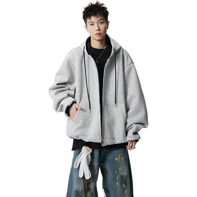 佐菲利 美式重磅连帽外套潮牌宽松学院风运动拉链开衫卫衣 男女同款