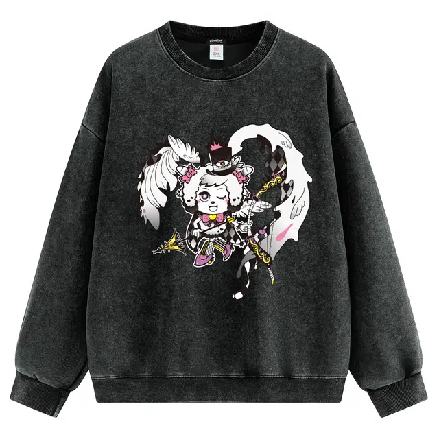 喜羊羊与灰太狼 重磅美式高街复古美羊羊创意手绘卡通动漫印花水洗做旧风日常通勤落肩宽松国潮套头圆领卫衣 男女同款