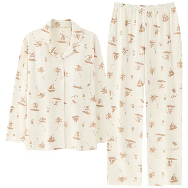 俏佳人 纯棉开衫翻领满印休闲宽松舒适亲肤透气长袖长裤家居服睡衣套装 女款