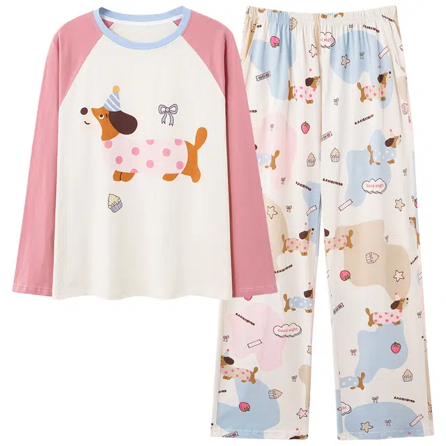 俏霓桐 可爱卡通圆领纯棉亲肤甜美拼色简约休闲舒适长袖长裤家居服可外穿睡衣套装 女款