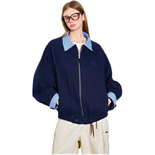 木木兔 美式简约格子拼接撞色字母外套刺绣时尚小众宽松工装夹克 男款