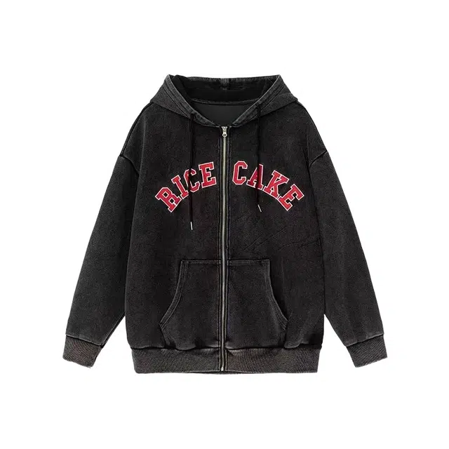 大格子与黑猫 美式复古水洗设计感宽松情侣做旧简约印花开衫连帽百搭外套潮 卫衣 男女同款