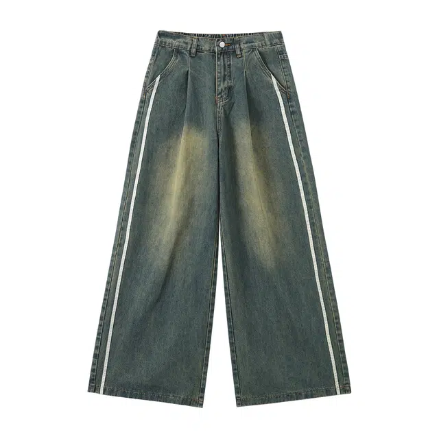 江南先生 美式复古风线条拼接百搭休闲分割水洗做旧宽松长裤秋牛仔裤 男女同款