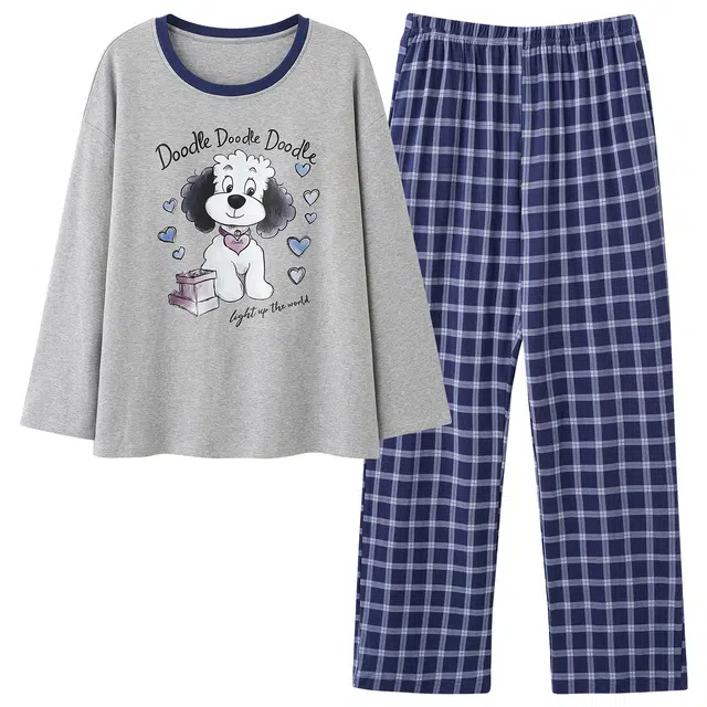 俏霓桐 可爱卡通纯棉亲肤带胸垫圆领简约格子休闲长袖长裤家居服可外穿睡衣套装 女款