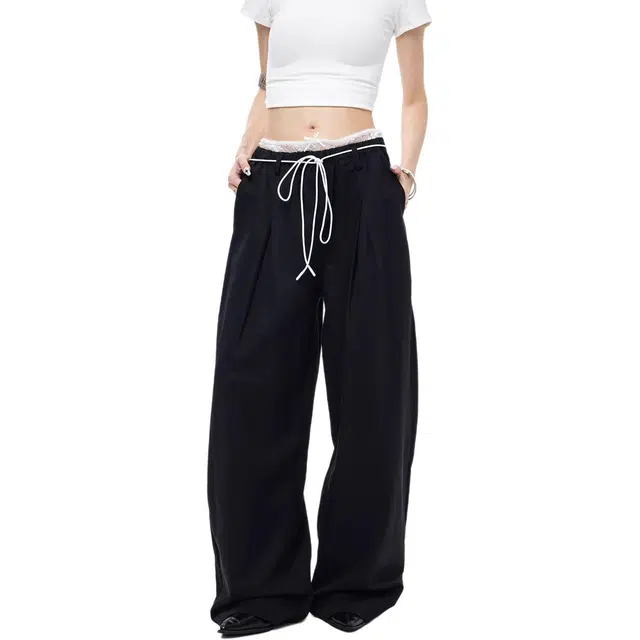 如续 韩系简约纯色假两件弯刀长裤潮流时尚高级感慵懒风垂感拖地休闲裤 女款