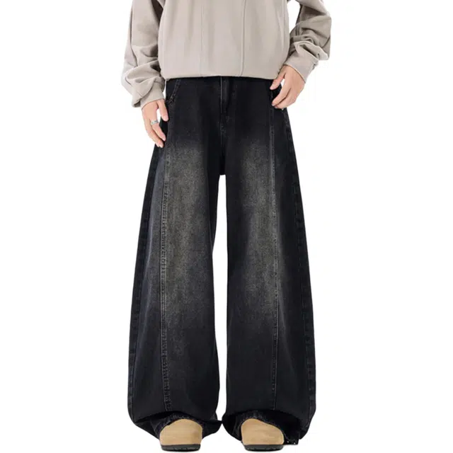 拓菲 潮牌痞帅水洗解构男秋美式复古做旧弯刀裤百搭宽松阔腿长裤牛仔裤 男女同款