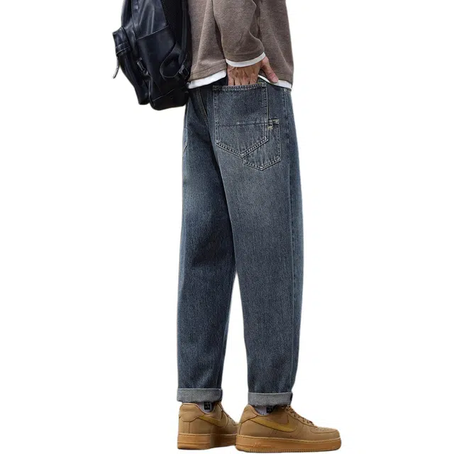 协协乐 高街怀旧服美式复古做旧水洗春秋季宽松阔腿哈伦直筒九分裤百搭青少年痞帅休闲长裤牛仔裤 男款