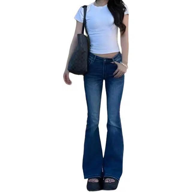 如续 潮流水洗做旧低腰微喇长裤辣妹风垂感百搭拖地牛仔裤 女款