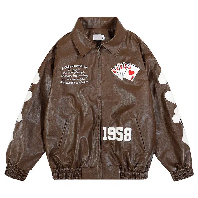 极限涡轮 美式复古重磅高街小众设计感图案宽松休闲百搭痞帅皮质夹棉外套夹克 男女同款