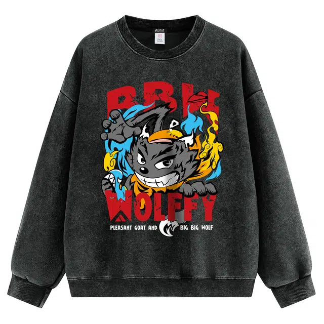 喜羊羊与灰太狼 美式复古嘻哈街头水洗重磅国潮动漫卡通印花休闲宽松日常通勤舒适圆领套头情侣卫衣 男女同款