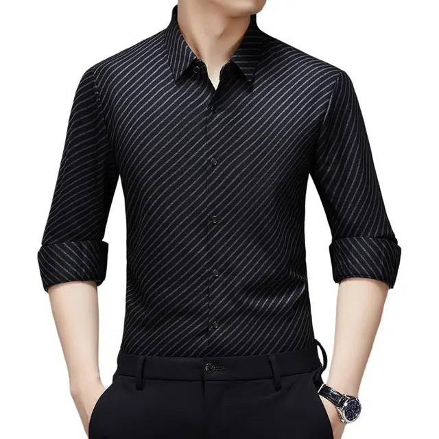 卡丹狄诺 含绵羊毛桑蚕丝舒适纯色垂顺爸爸装斜条纹衬衣轻商务休闲秋冬季长袖衬衫 男款