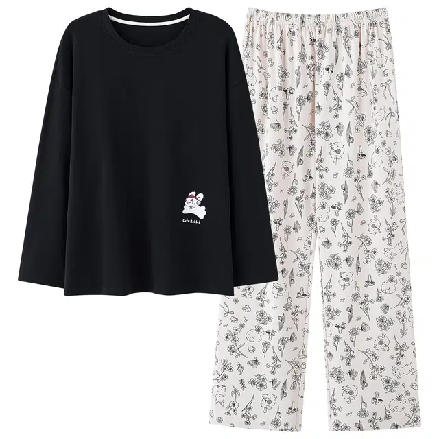 俏霓桐 可爱卡通圆领纯棉柔软亲肤甜美碎花清新简约长袖长裤家居服可外穿睡衣套装 女款