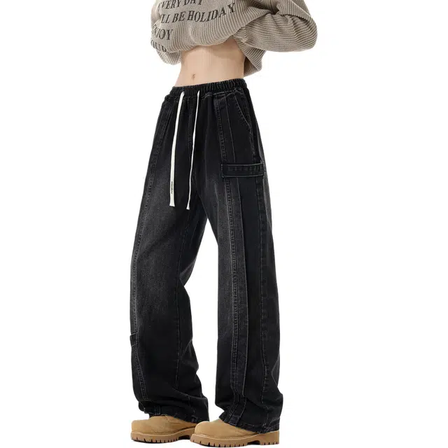 颂希尔 美式高街立体结构设计感纯色休闲阔腿长裤宽松潮流百搭痞帅牛仔裤 男女同款