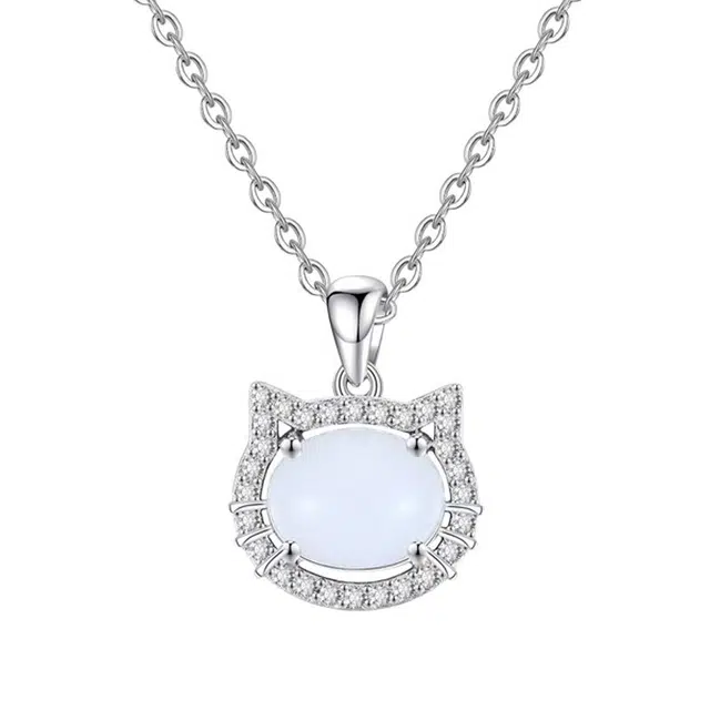 免费刻字 银之岚 猫咪可爱百搭锁骨链时尚轻奢#好运 玉髓 项链 女款